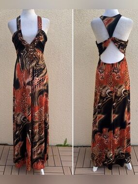 Y2K Spy Zone Exchange animal print halter maxi dress beaded open back orange